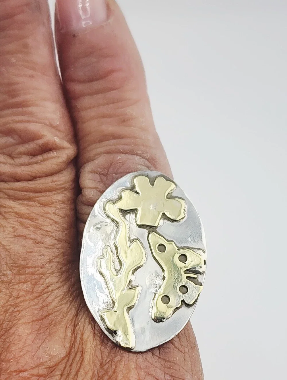 STERLING SILVER & BRASS BOTANICAL HANDMADE RING MIX METAL DESIGN SIZE 7